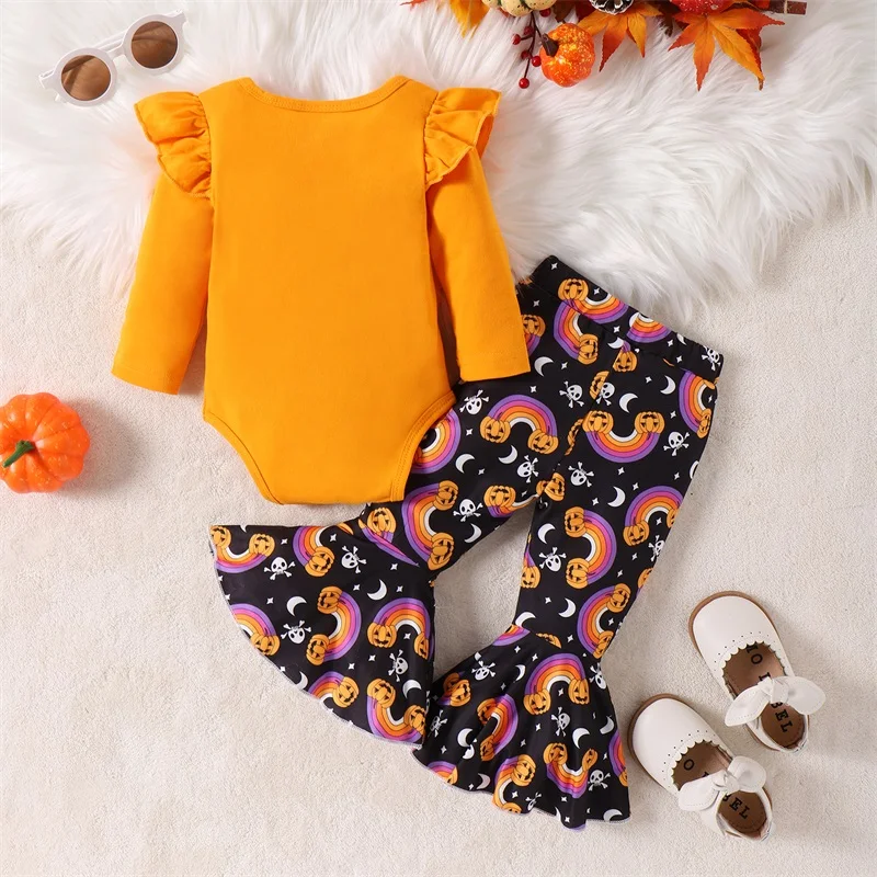 Conjuntos de otoño para niña pequeña, mono de manga larga con estampado de letras, pantalones acampanados con estampado de fantasma y calavera de calabaza, conjunto de disfraz de Halloween de 2 uds.