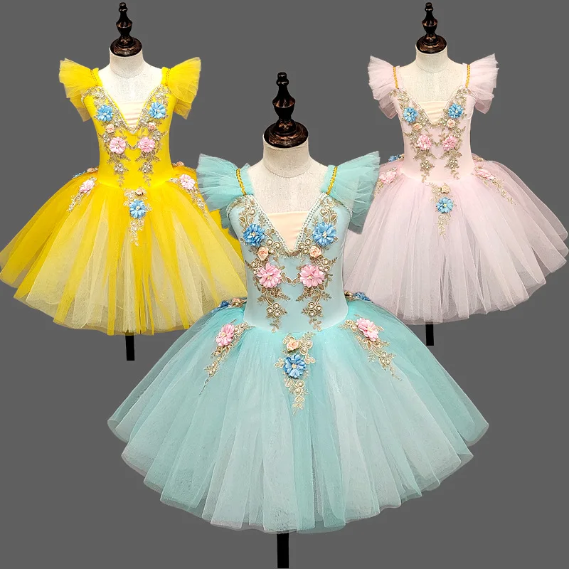 子供のバレエスカートダンスガールズドレスチュチュパフォーマンス衣装フラワープリンセスバレエガール服-vestidos-キッズバレリン