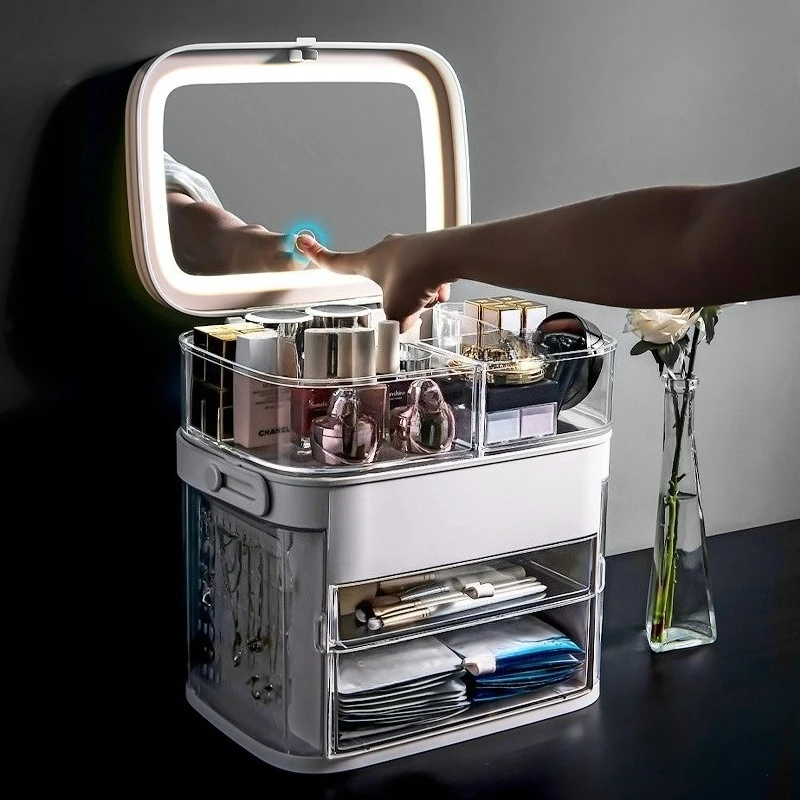 Lighted Makeup Mirror Organizer, All-in-One Cosmetic Case with Lipstick & Skincare Storage
