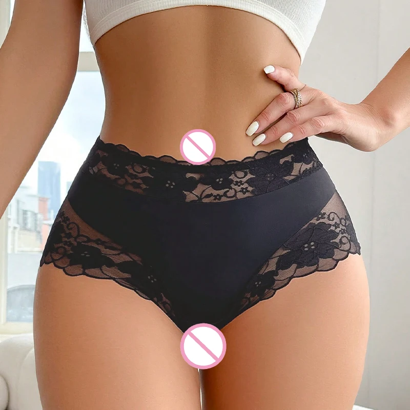 Hollow Lace Floral Design Sexy Briefs Lingerie New Classic Black White Women's Underwear High Waist Solid Color Panties
