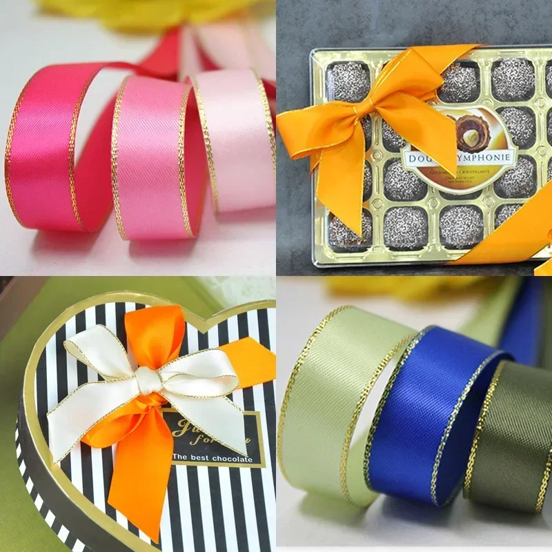 6/9/16/22/38mm Silver/Gold Edge Satin Ribbon/100% Polyester Double Sided Gold/Silver-Line Satin Ribbon for Bows Making 272446