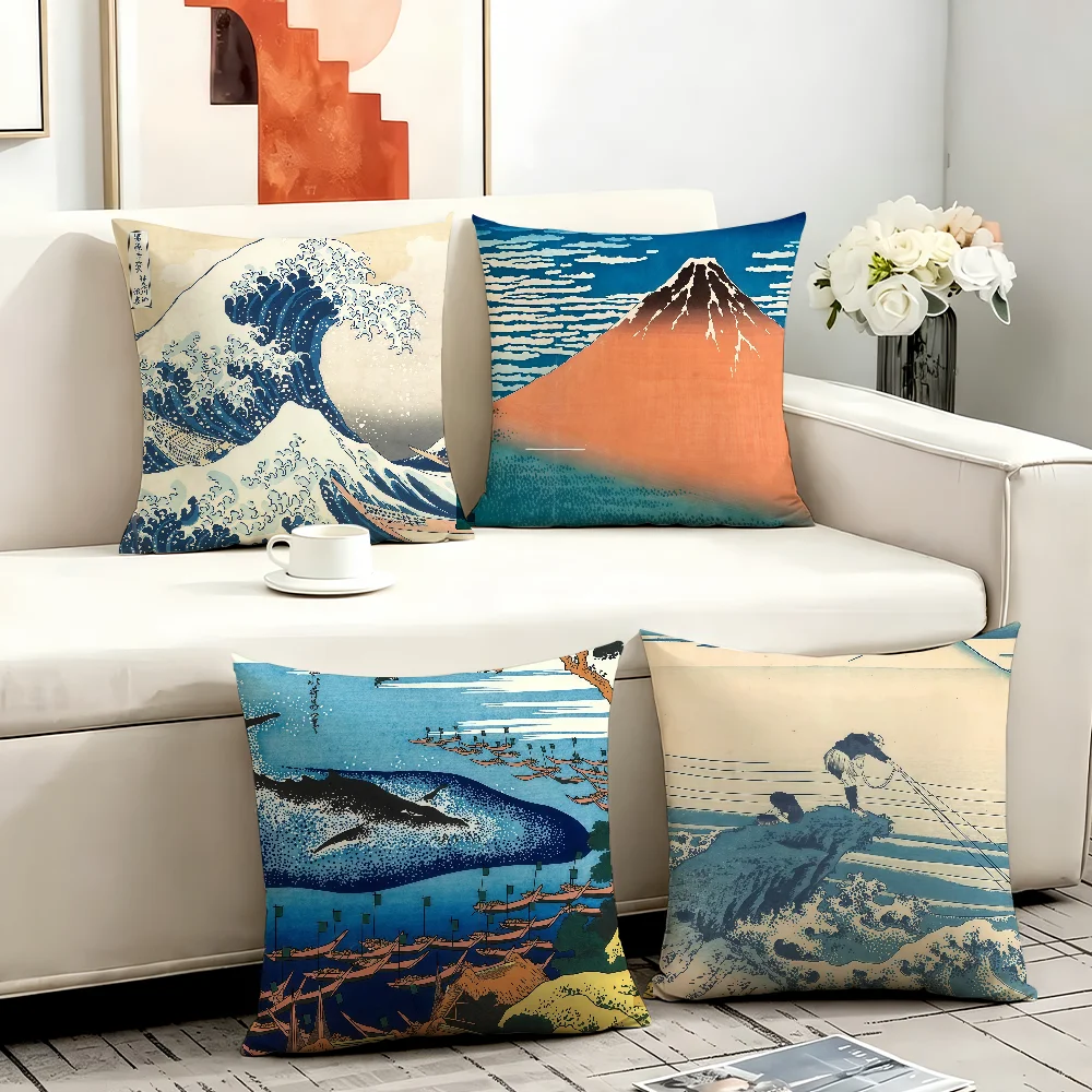 Art Hokusai cushion cover Anti-dustmite Sofa Cushion Decorative Office Cover Lounge Area Indoor & Outdoor Use