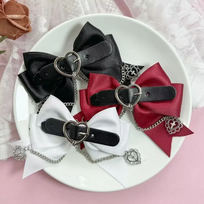 

Лолита в стиле панк, темное сердце, заколка для волос с бантом ручной работы, готическая цепочка, аксессуары для волос в стиле Лолиты, заколки для волос в форме бабочки для девочек