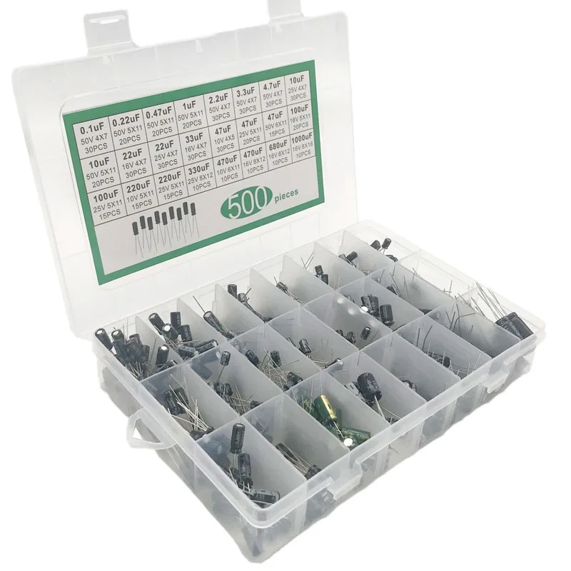 500PCS 10V 16V 25V 50V ชุดอิเล็กทรอนิกส์ 0.1uF-1000uf 24 ค่า elektronik Electrolytic Capacitor ผสม DIP Electrolyte Capacitors