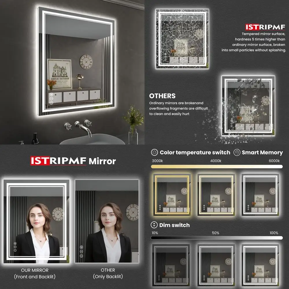 

36 x 32 LED Mirror with Front Light, Backlit Anti-Fog, Dimmable Memory Light, Shatterproof Wall-Mounted Vanity Mirror for Bathro