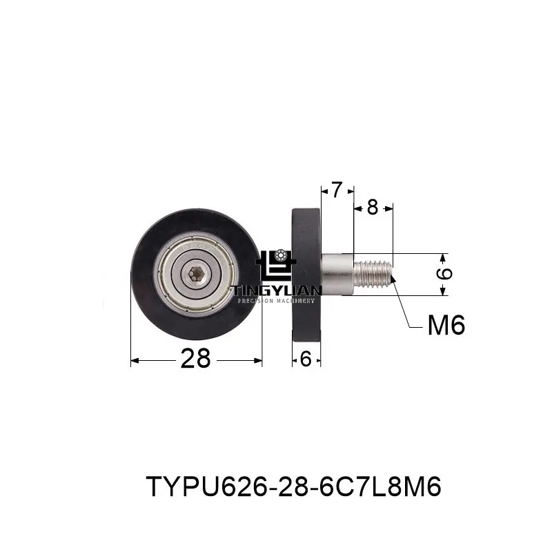 Polyurethane Roller TYPU626-28-6mm  Flat Type ID6 OD28 TPU 1pcs  BLACK Wheel Roller Pulley With 304 Screws  Guide Wheel