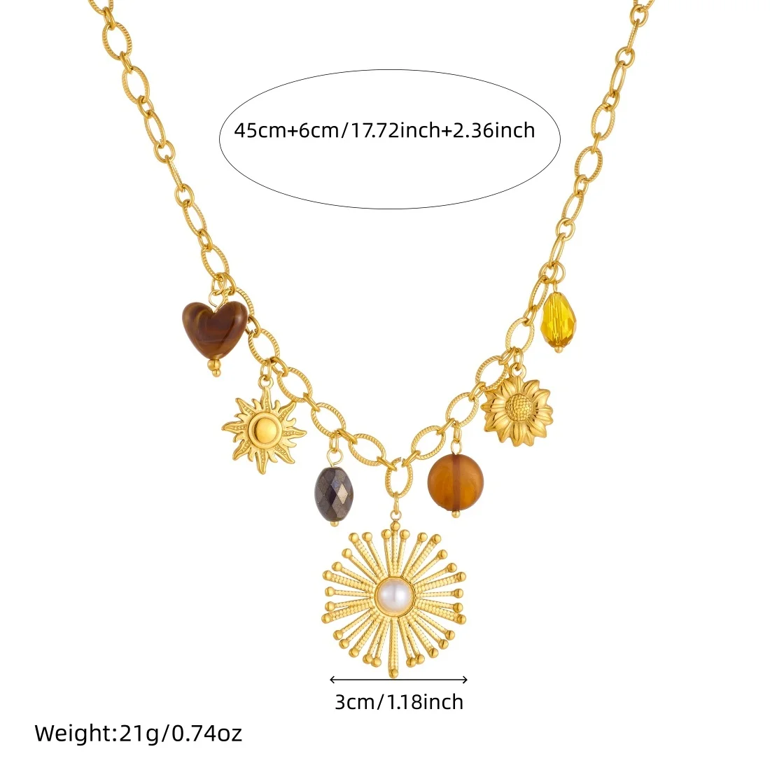 DIEYURO 316L Stainless Steel Golden Sun Flower Inlay Pearl Amber Multi Pendant Necklace Lady Classic Neck Chain Charm Jewelry