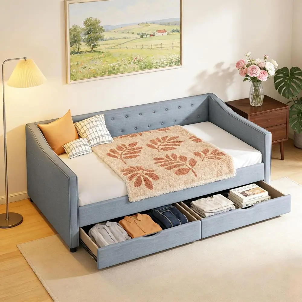 TwinSizeDaybedwithDers,LinenabricDaybe/Storage&ButtonockandPipingonWavedShapeArms,UpholsteredTutedSoaBedorLivingRoom,Bedroom,and