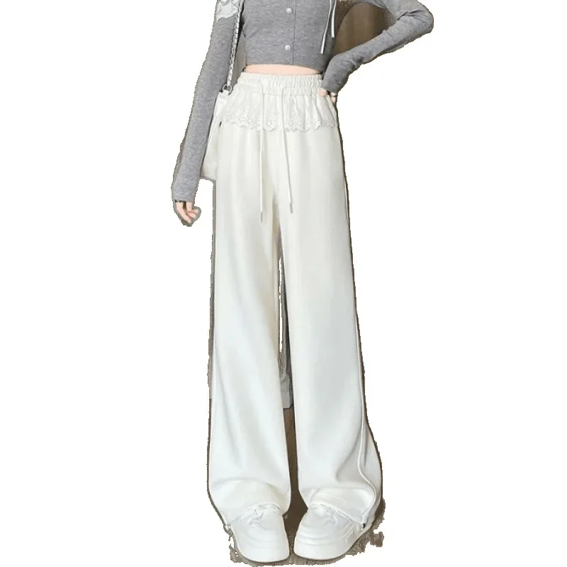 الوردي الدانتيل الربط تصميم واسعة الساق السراويل النسائية فضفاضة عارضة Sweatpants ربيع جديد نمط التخسيس تأثير مريح صالح