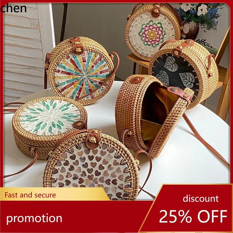 

YFY Woven Rattan Crossbody Colorful Shell Forest Style Basket Vintage Artistic Handmade Woven Shoulder Bag with Leather Buckle