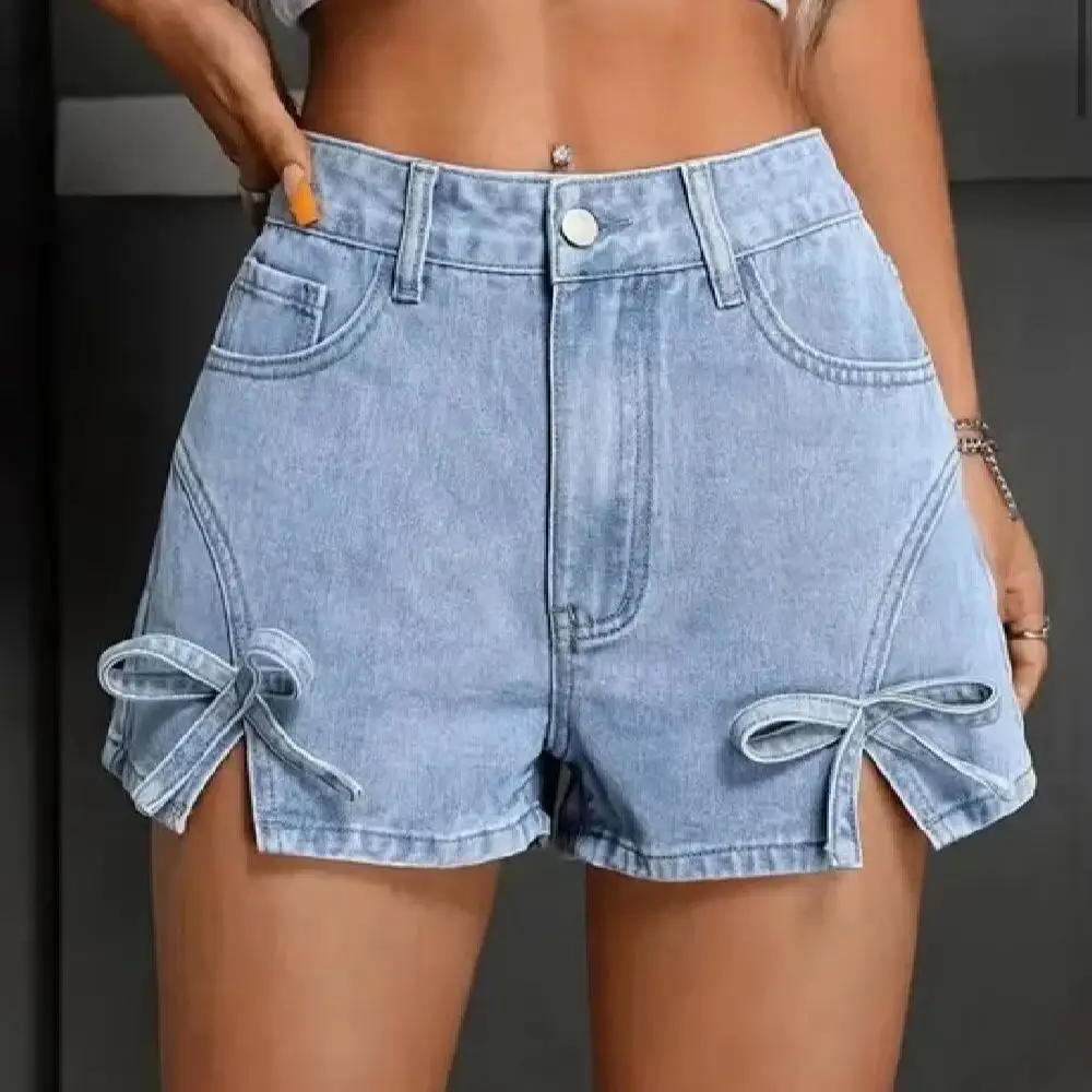 

Bow Split Denim Shorts Women Summer New High Waist American Retro Streetwear Hot Pants Cool Girls High Street Jeans Shorts