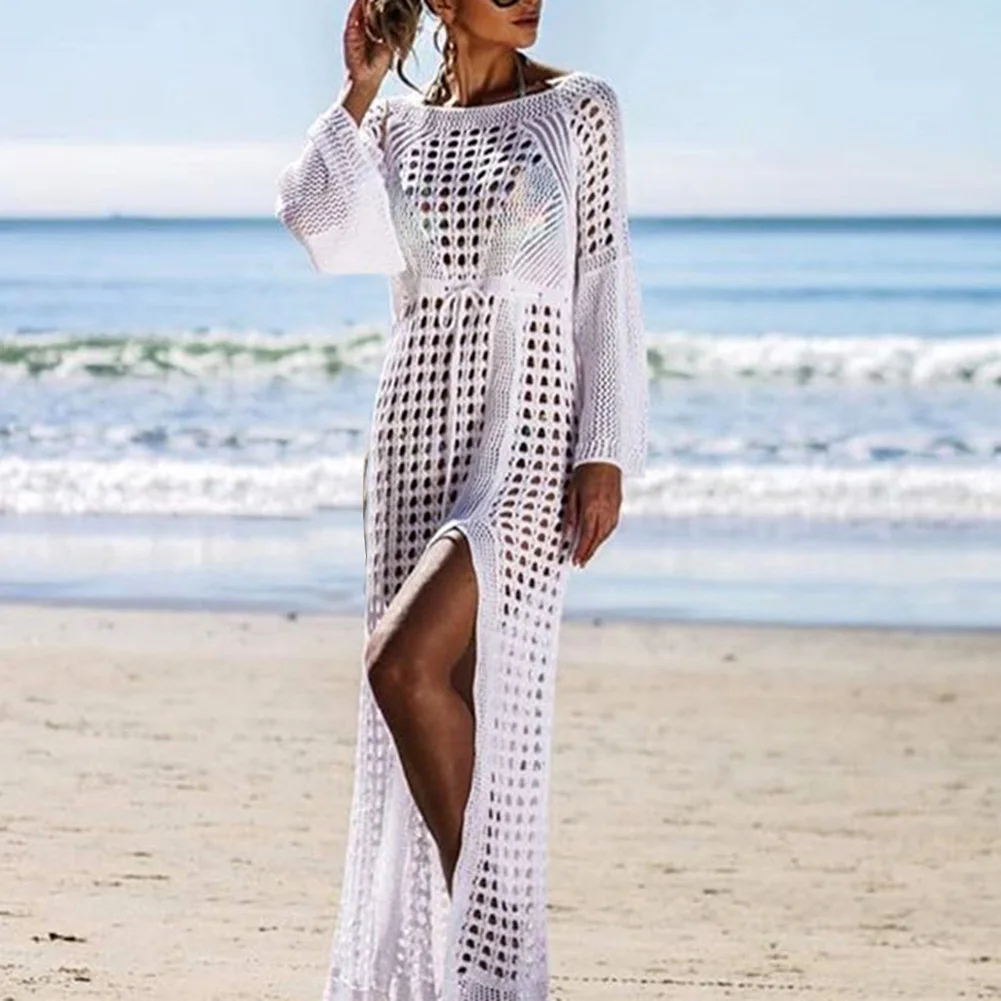 Crochet Bikinis Cover Ups Summer Women Knitted Long Sleeve High Split Bikini Cover Up Maxi Dress Sexy Hollow Tunic Beach Dresses