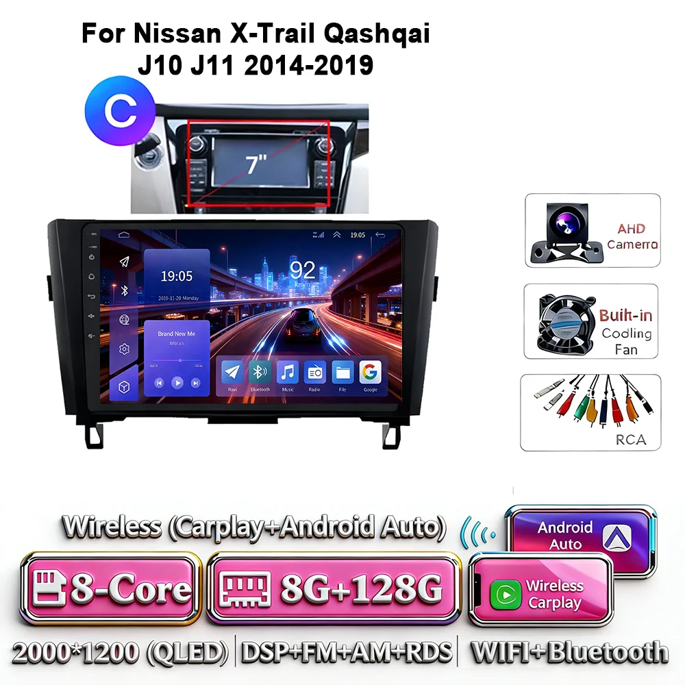 8-Core Android 17 2Din autoradio voor Nissan X-Trail Qashqai J10-J11 2014-2019 draadloze Carplay 4G GPS DSP BT dubbele lens