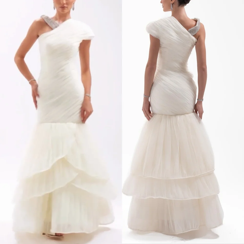 Robe longue de forme sirène pour femmes, personnalisée, plissée en filet, paillettes, épaules dénudées, sur mesure, élégante, robe de soirée de mariage