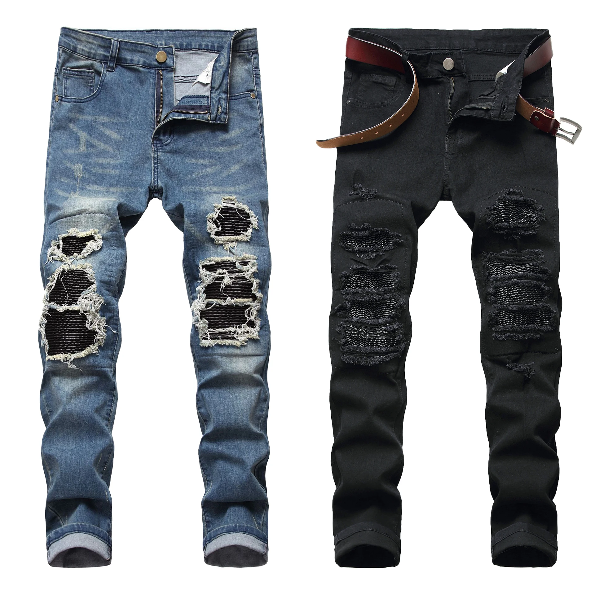 Men's Vintage Jeans With Ripped Holes Light Blue Straight Leg Slim fit High-quality