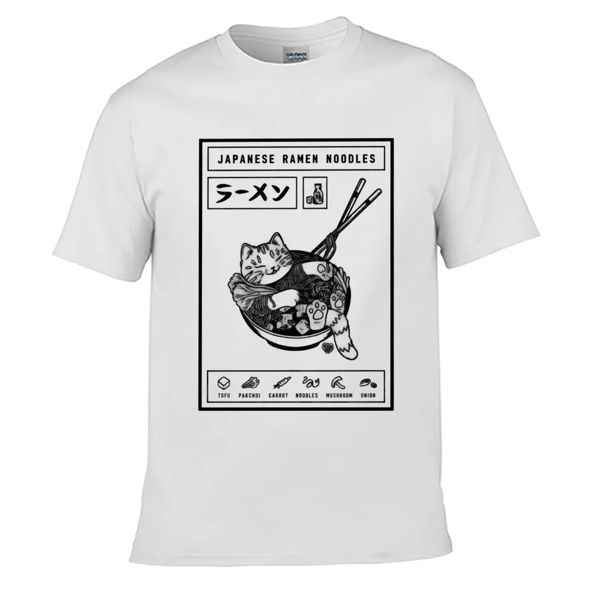 Japanese Ramen Noodles Cat Tofu Pakchoi Carrot Mushroom Onion Illustration short-sleeved T-shirt Streetwear Top