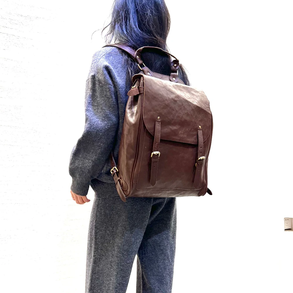 Vintage Genuine Leather Woman or Men Backpack Real Leather Rucksack Natural Cowhide Parachute Bag Large Capacity Laptop Backpack