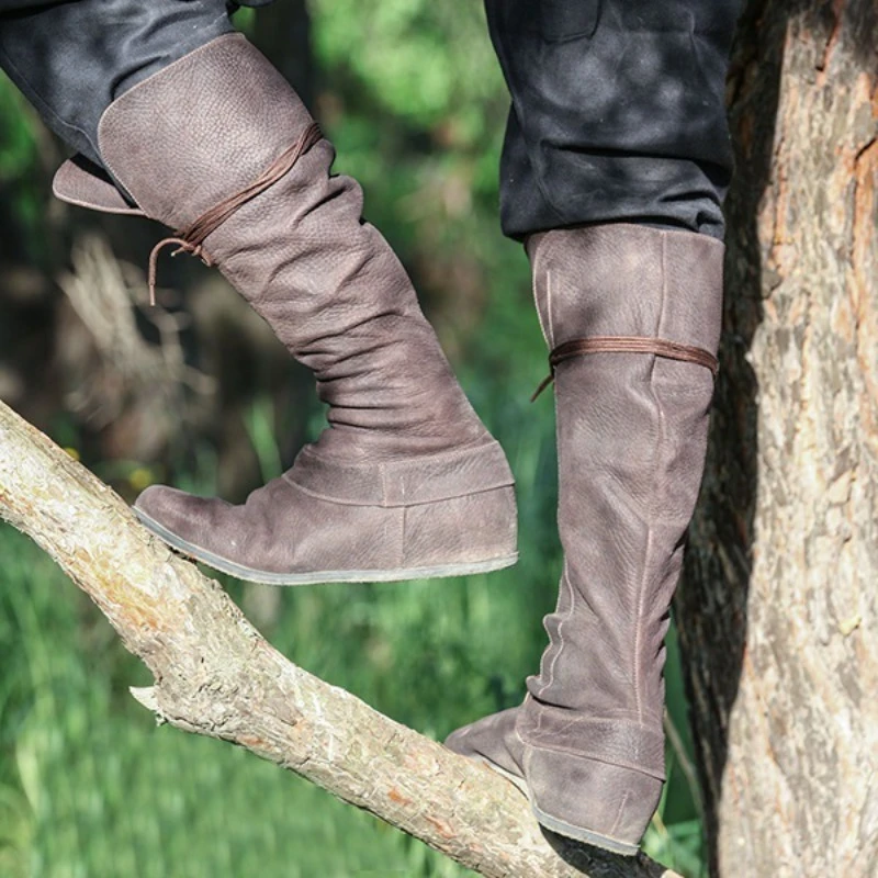 Medieval Retro Women Men Leather Knight Boots Knee-High Flat Shoes Fashion Round Toe Rome Casual Vintage