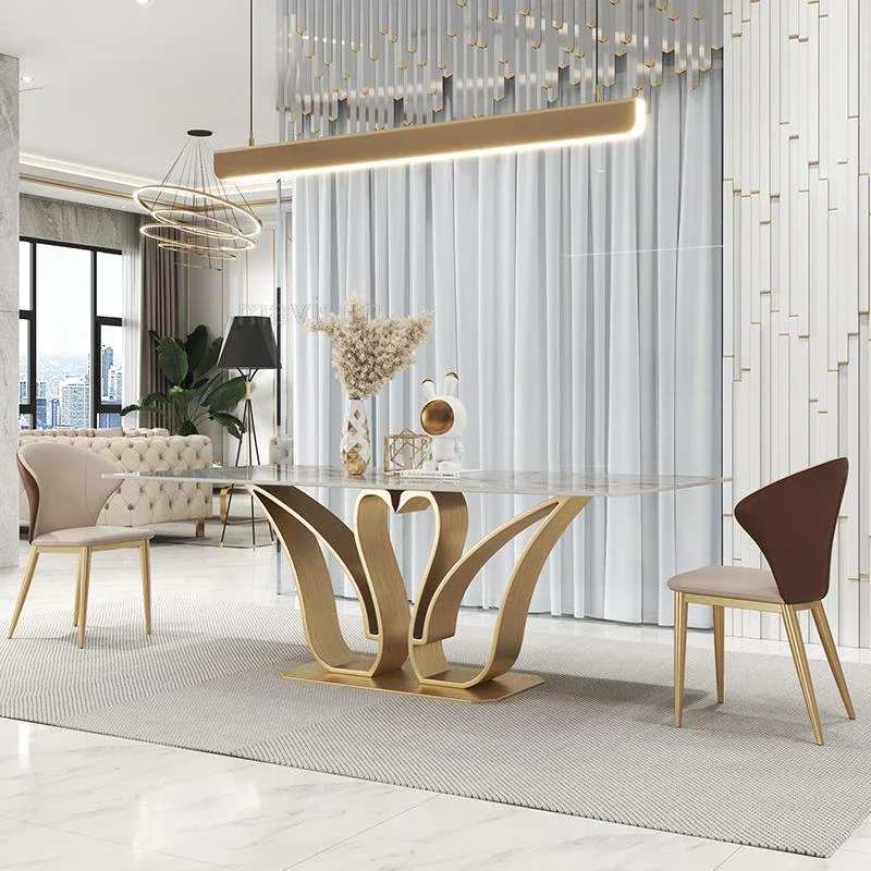 

Luxury Mobile Dining Table Shape Rectangular Island Table 1.8m 6 Chairs Set Golden Creative Design Marble Muebles Room Furniture