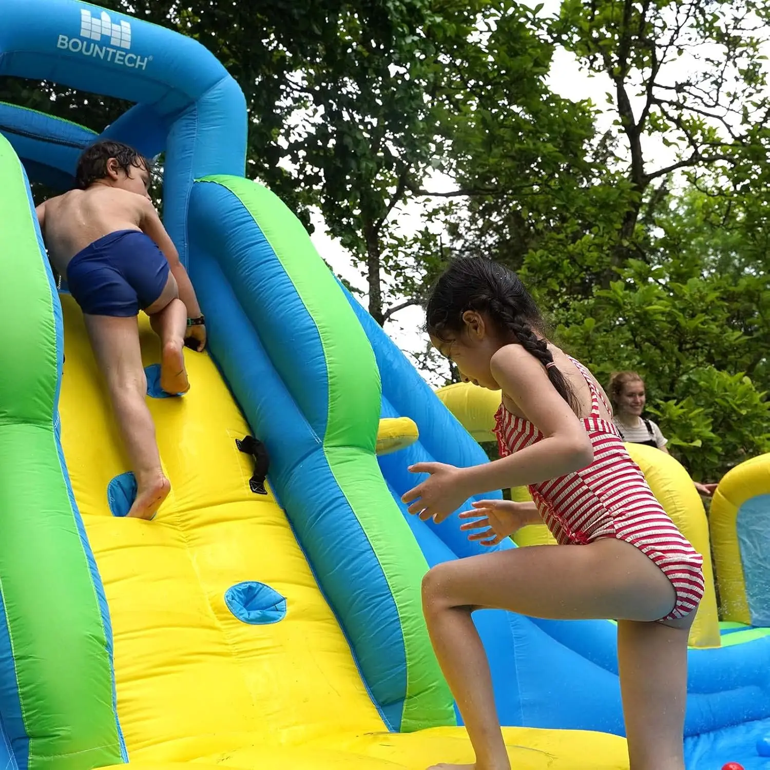 Mega parque de tobogán acuático para niños, patio trasero con tobogán largo de aventura, piscina de salpicaduras, escalada, 16x12 pies