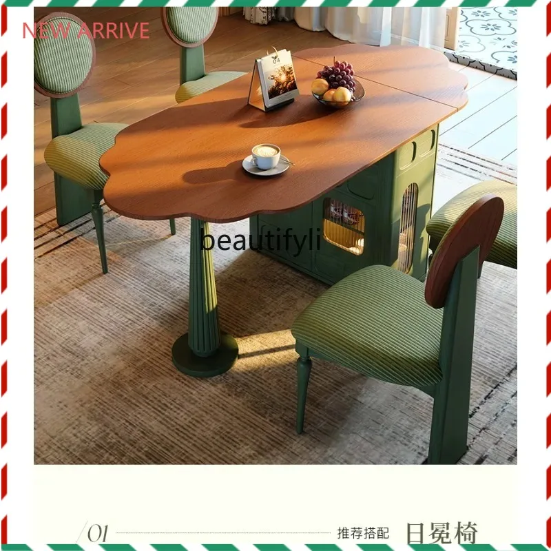 V132 Retro style island dining table foldable multi-functional French dining table household solid wood dining table