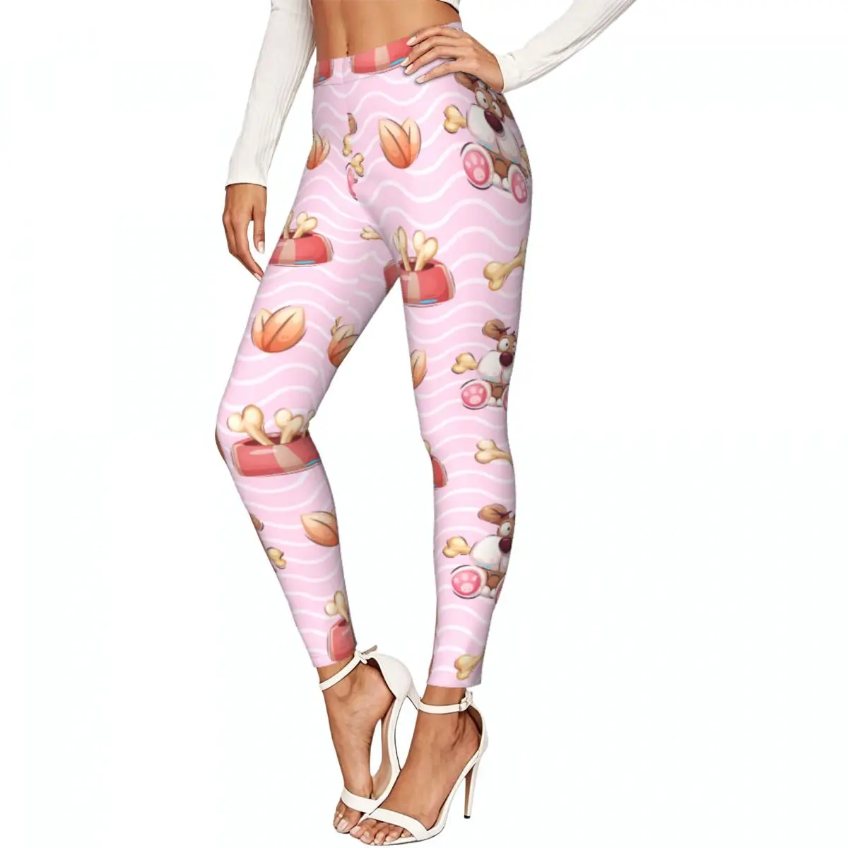 Pink Dog With Bone Women Stretchy Leggings High Elastic Comfortable Fitness Yoga Pants
