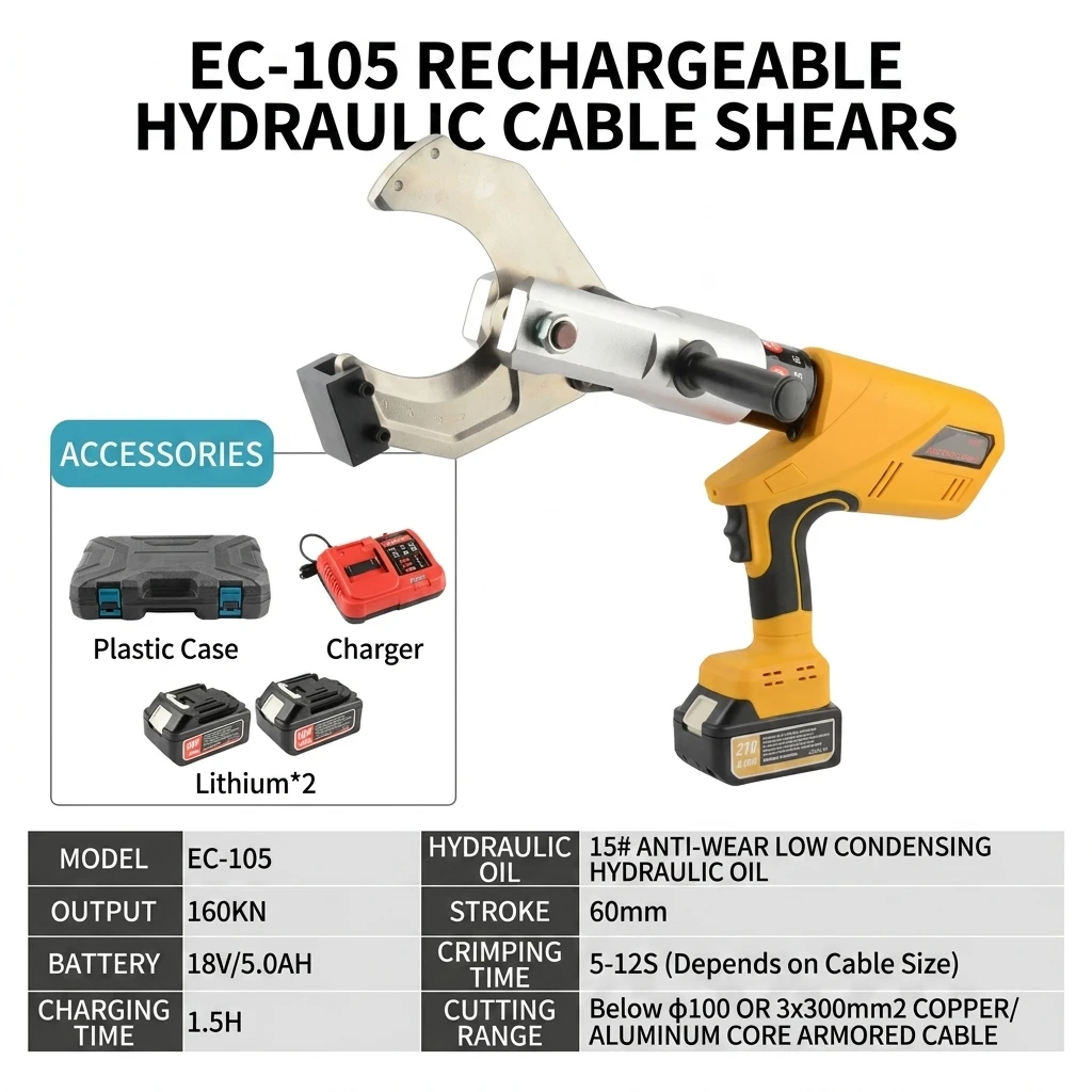 WEINISEN EC-105 Cordless Electric Hydraulic Cable Cutter 18V Battery Heavy Duty Wire Cutting Tool Max 100mm Armored Cable Shears