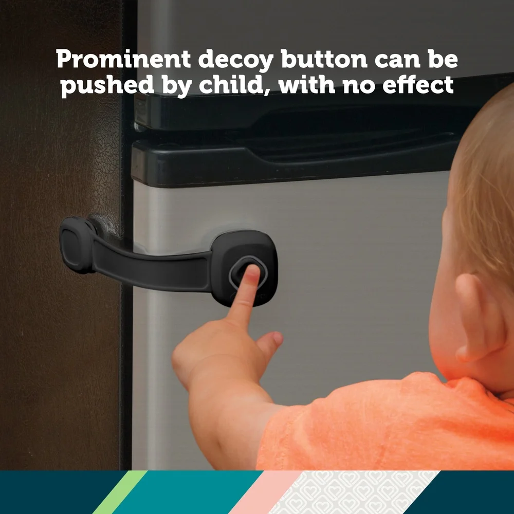 Multi-Use Lock Toddlers with Decoy Button Flexible Surface Easy Installation Adhesive Attachment Secure Cabinets Appliances