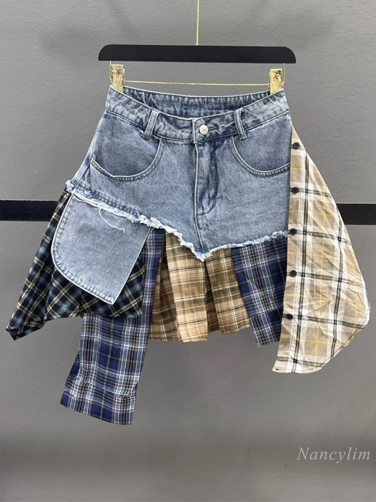 Plaid Stitching Denim Skirt Female 2024 Summer Irregular Skirt Hot Girl Style Retro Street Patchwork A- Line Skirts