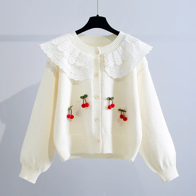 Cute Cherry Knitted Cardigan Gentle Style Lace Doll Collar Soft Comfortable Loose Sweater Autumn Fashion New Women's Coat