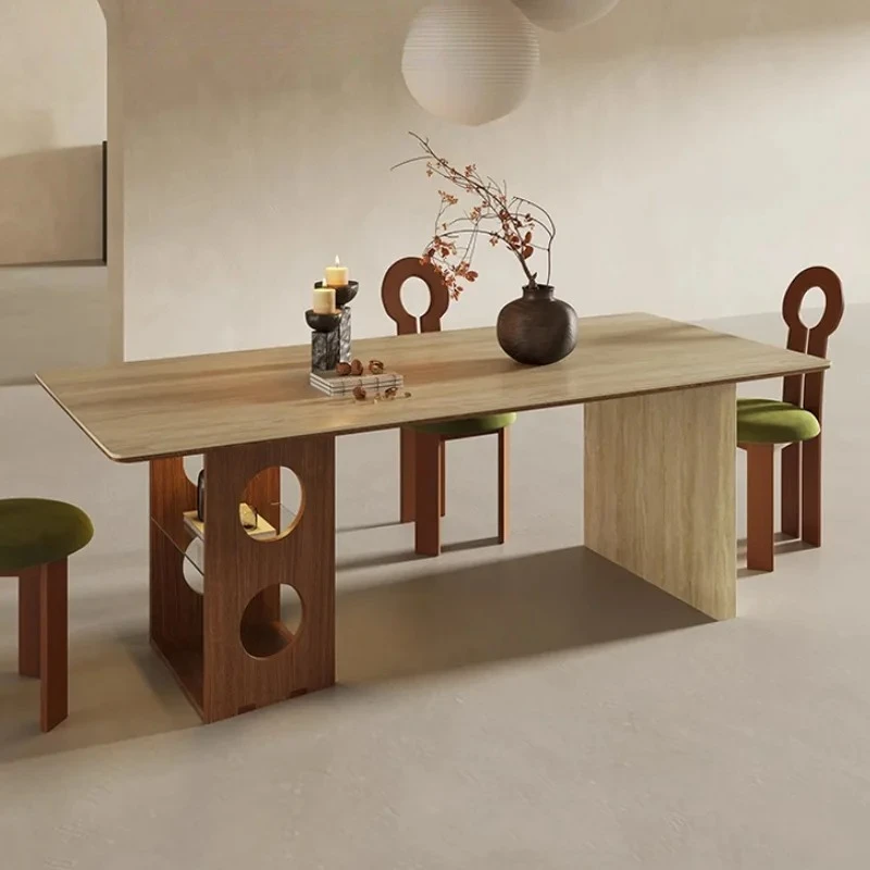 French retro travertine rock slab dining table modern simple rectangular medium and ancient style home dining table