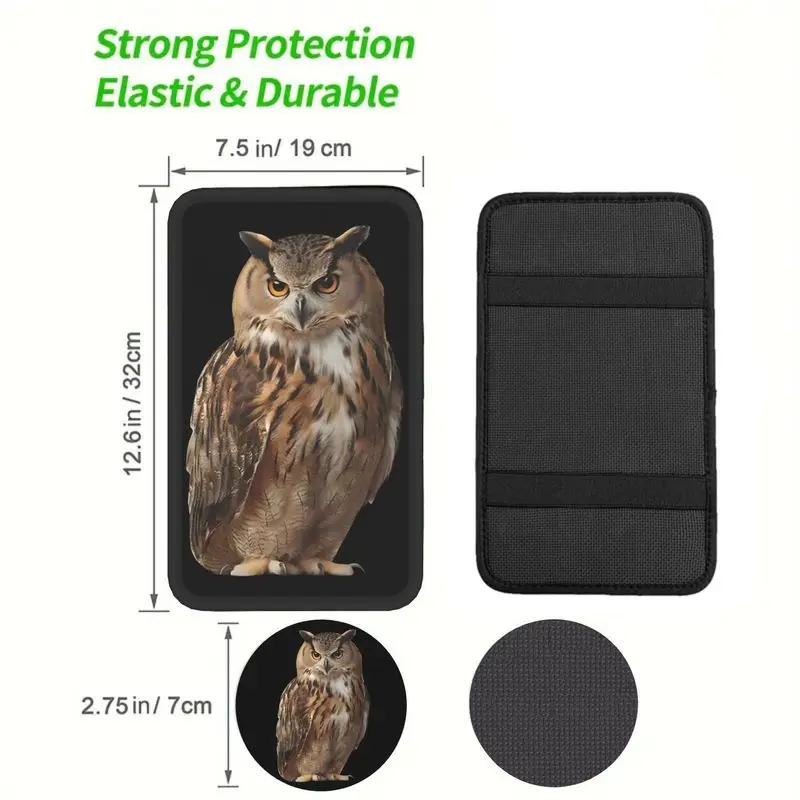 1Pc Car Armrest Cover + 2Pcs Cup Coasters Set, Realistic Owl Print, For Car Interior Use