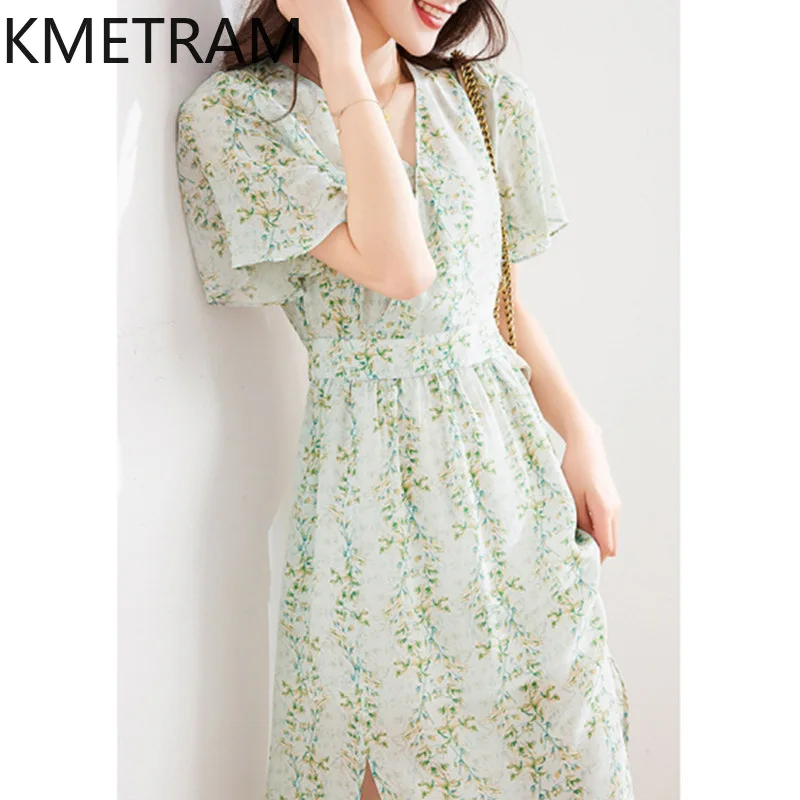 

KMETRAM 100% Mulberry Silk Women's Dress Floral Elegant Dresses for Woman Clothes High Quality V-Neck Summer Dress Robe Femme
