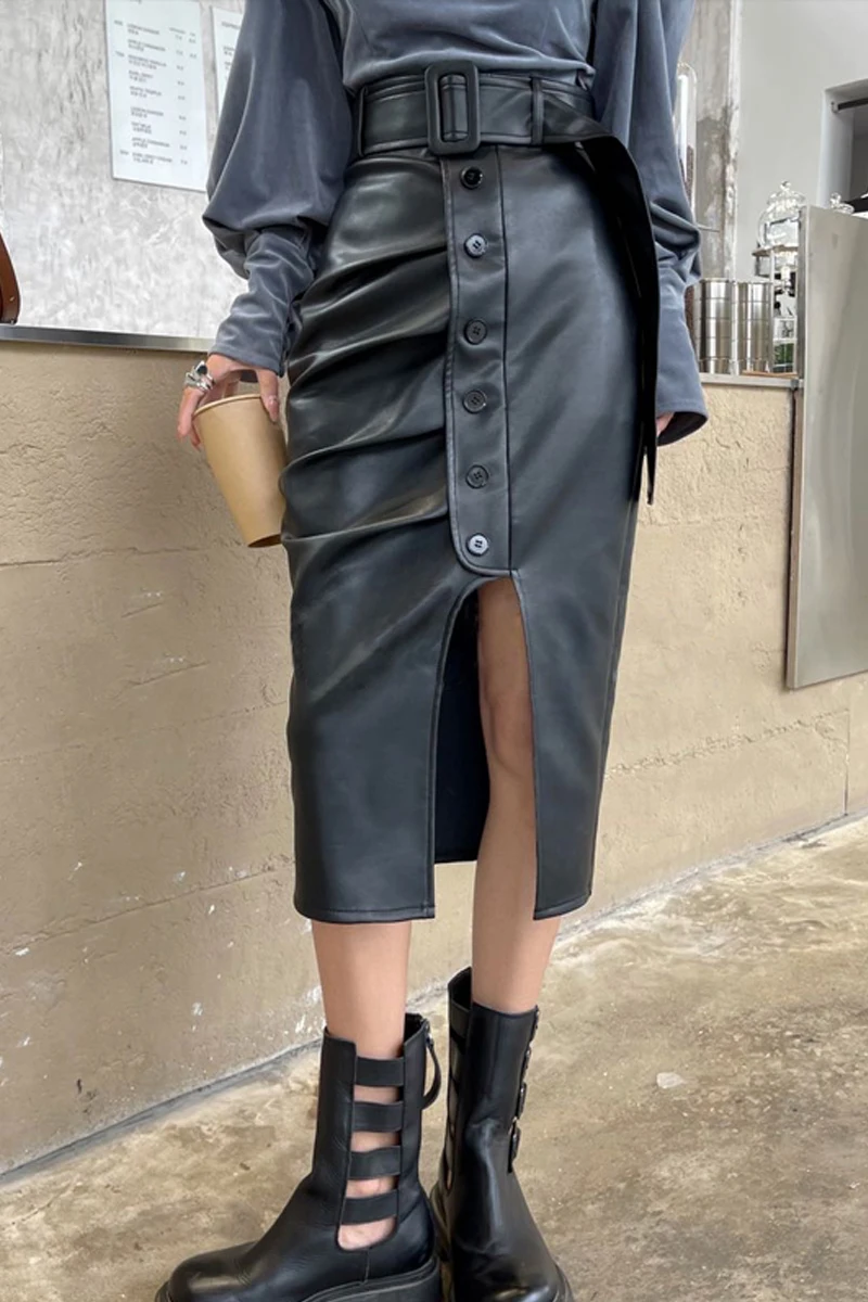 Genuine Leather Skirt Sheepskin Women's 2023 New Style Split High Waist Slim Wrap Hip Mid Length Half Length Skirt Fashion Y2k