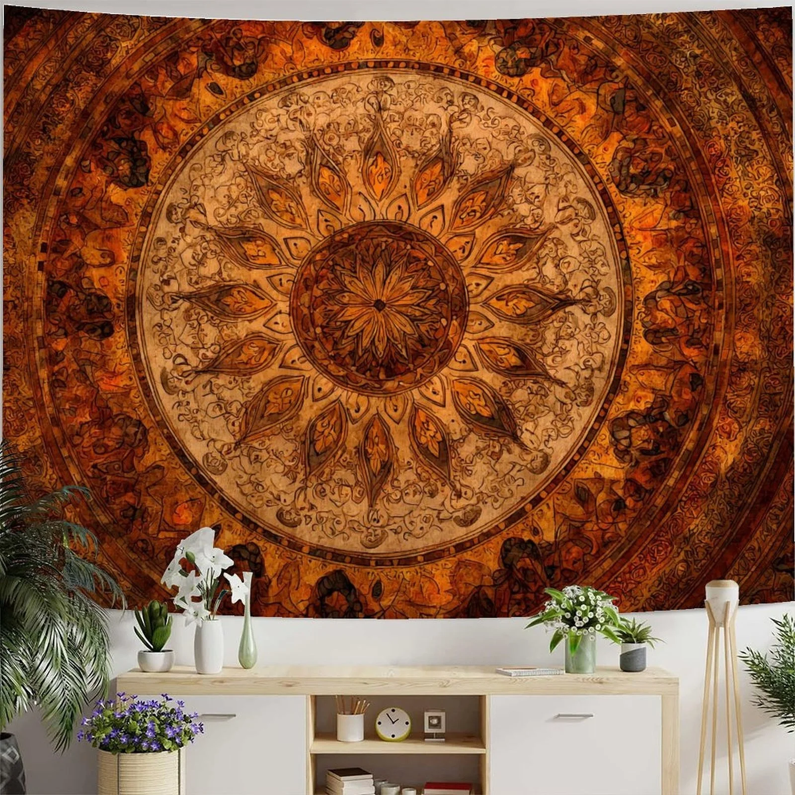 VIKAMA Bohemian Sun Tapestry For Bedroom, Living Room And Dorm, Retro Orange Brown Mandala Wall Hanging, Boho Home Decoration