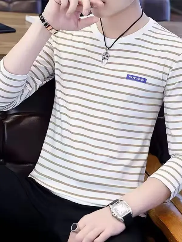 Slim Fit Long Sleeve round Neck Stripe T-Shirt Men's Base Shirt Thin Top Casual Wear Polyester Fiber Antibacterial Breathable