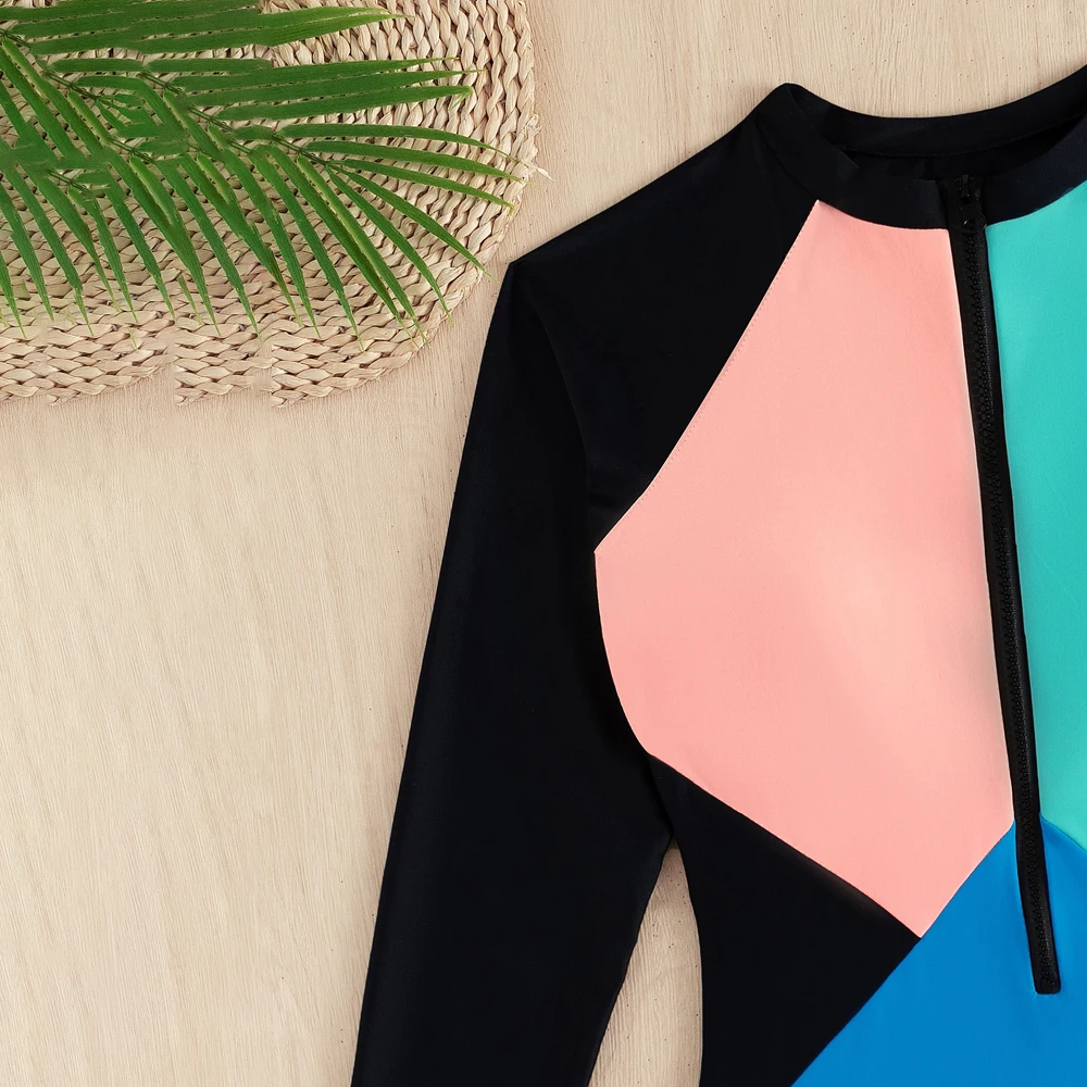 Colorblock zíper de uma peça maiô feminino manga longa esportes de surf natação praia banhista