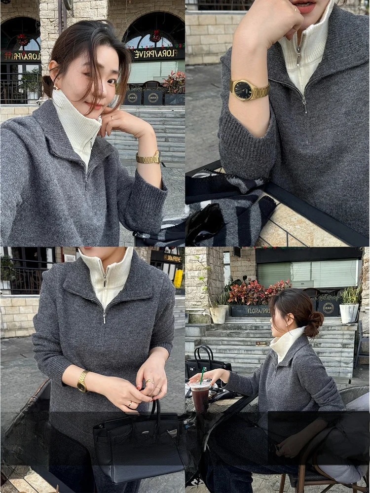 

Chic Color Blo Knitwear Casual Loose Fit Winter Sweater Turn down Collar Long Sve Fce Girls Faion plus Size Top