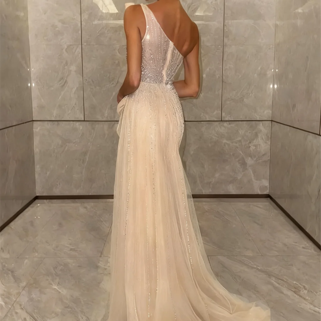 Exquisite Backless Shiny Ruffles Side Slit Evening Dress with Train One Shoulder Beading Sheath Saudi Gown for Women Custom Made