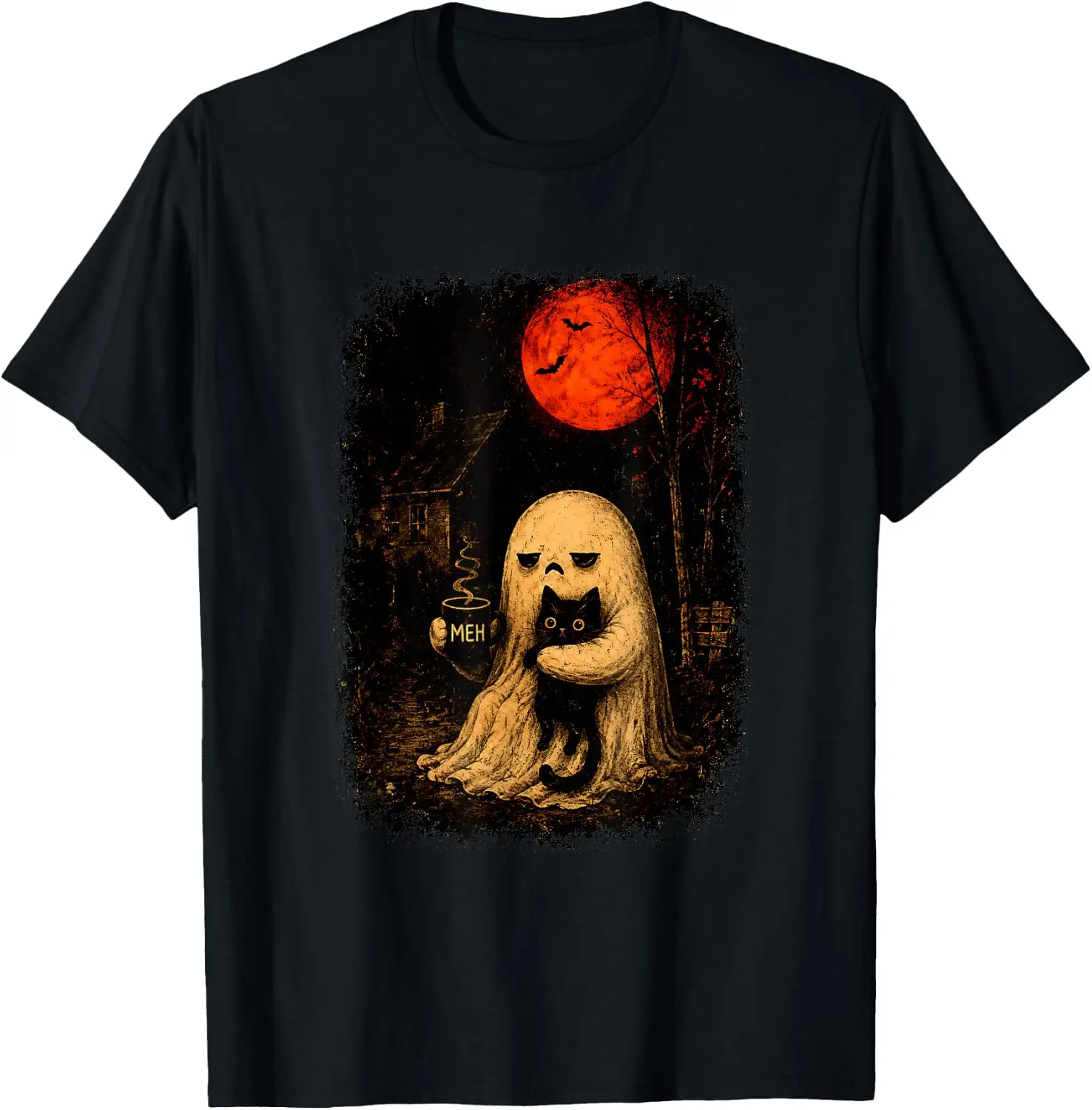 Cute Ghost Holding Black Cat Funny Halloween Coffee Spooky T-Shirt