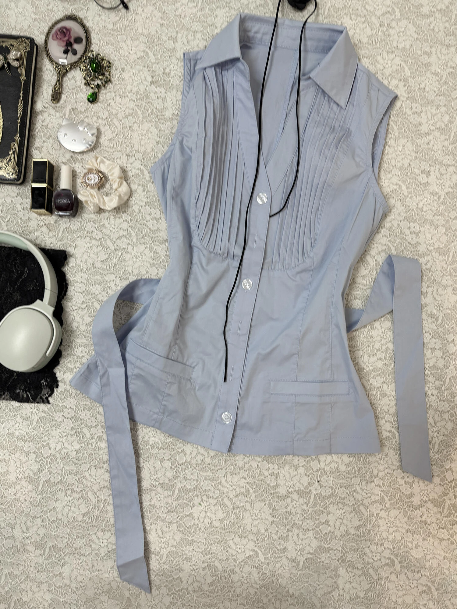 

Blue Vintage Sle Svel V-Ne Commute irt for Women Original Design Korean Straight Cut Cotton Blend Casual Top