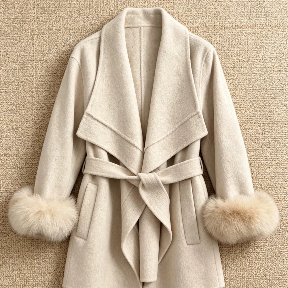 Women Short Woolen Coat Collar Fur Cuff Detail Belted Waist Solid Color Loose Fit Warm Outerwear for Winter Women Outercoat