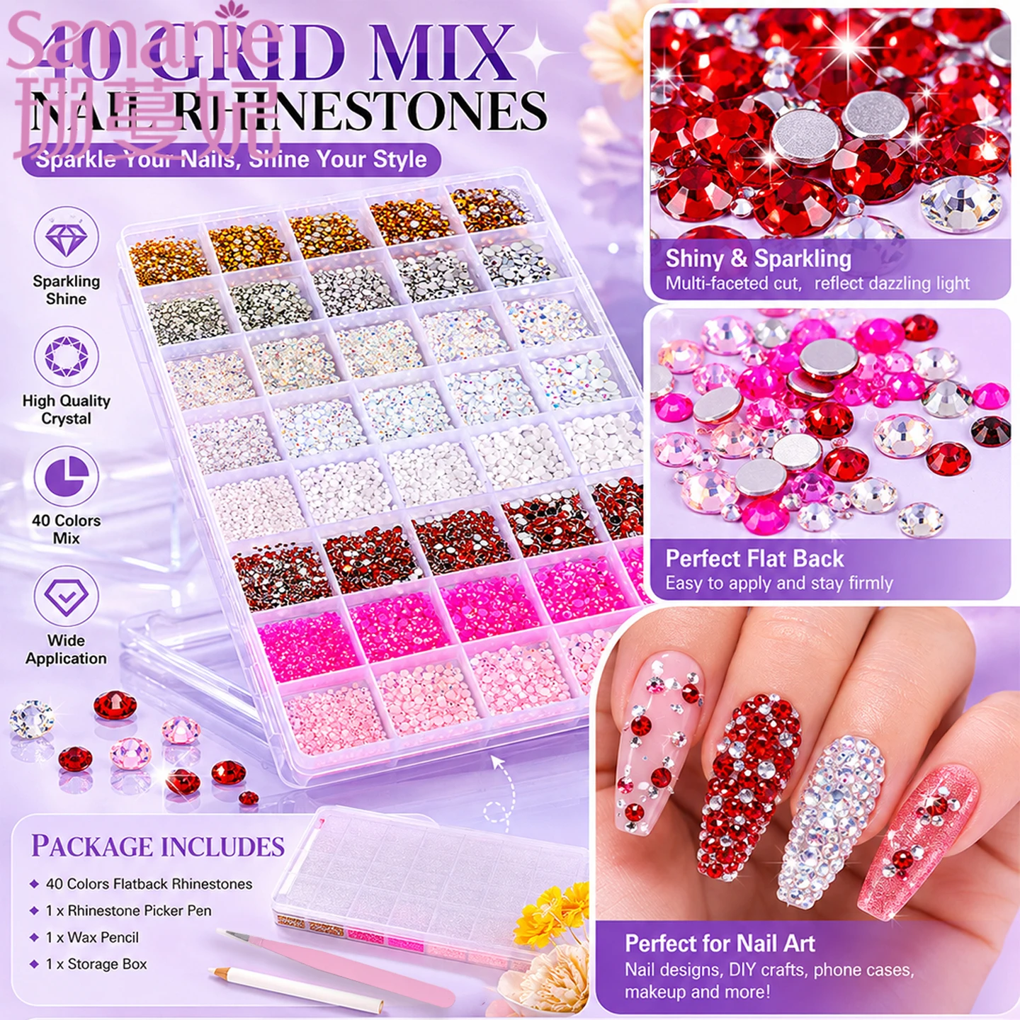 SANANIE 40Grids 2/3/4/5mm 3D Multicolor Resin Rhinestone Crystal Glitters Flatback Nail Art Charms Set Nail DIY Craft Decoration