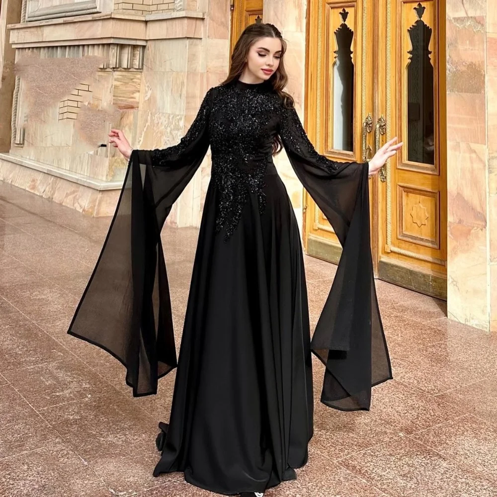 Chiffon Applique Sequined Beading Ruched Valentine\'s Day A-line High Collar Bespoke Occasion Gown Long Dresses