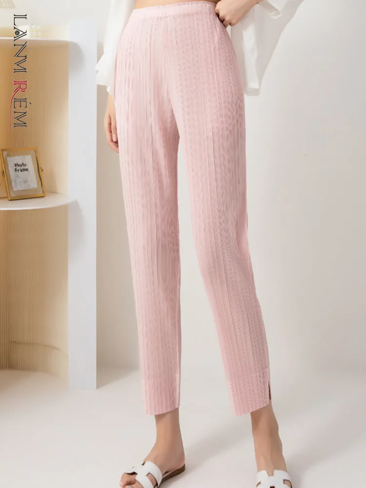 

LANMREM Casual Pleated Pants For Women High Elastic Waist Solid Color Split Trousers Casual Female Clothing 2023 New 2YA3845