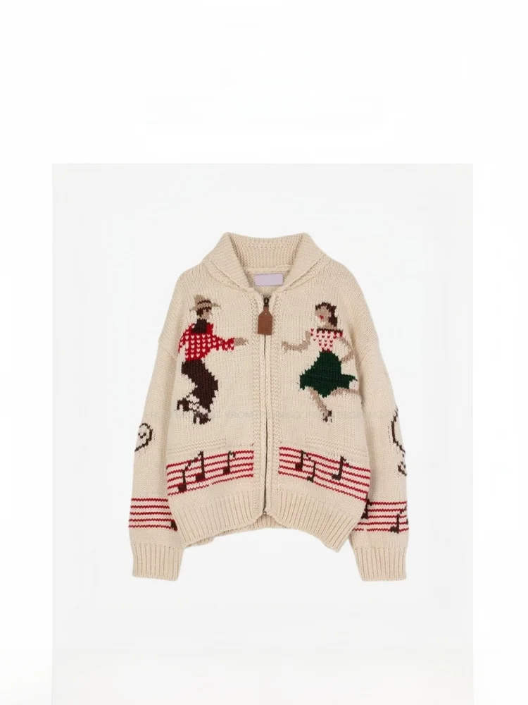 

Retro Happy Dancer Collar Zipper Sweater Open Cardigan Outerwear Women's Knitted Long Sve Coolmax Fiber Sequin Embellied