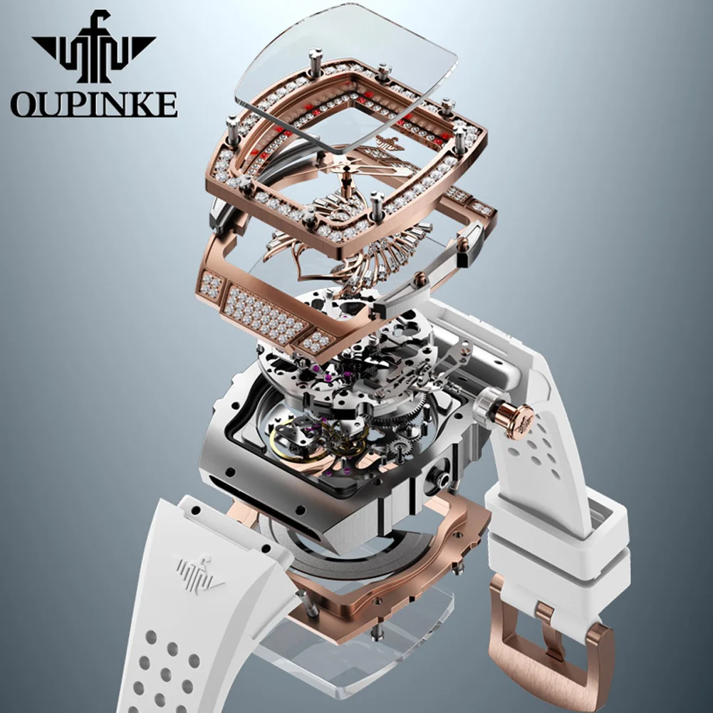 OUPINKE 3225 Luxury Hollow Women Mechanical Watch Top Brand Diamond Waterproof Watch Silicone Strap Women Automatic Watch Set