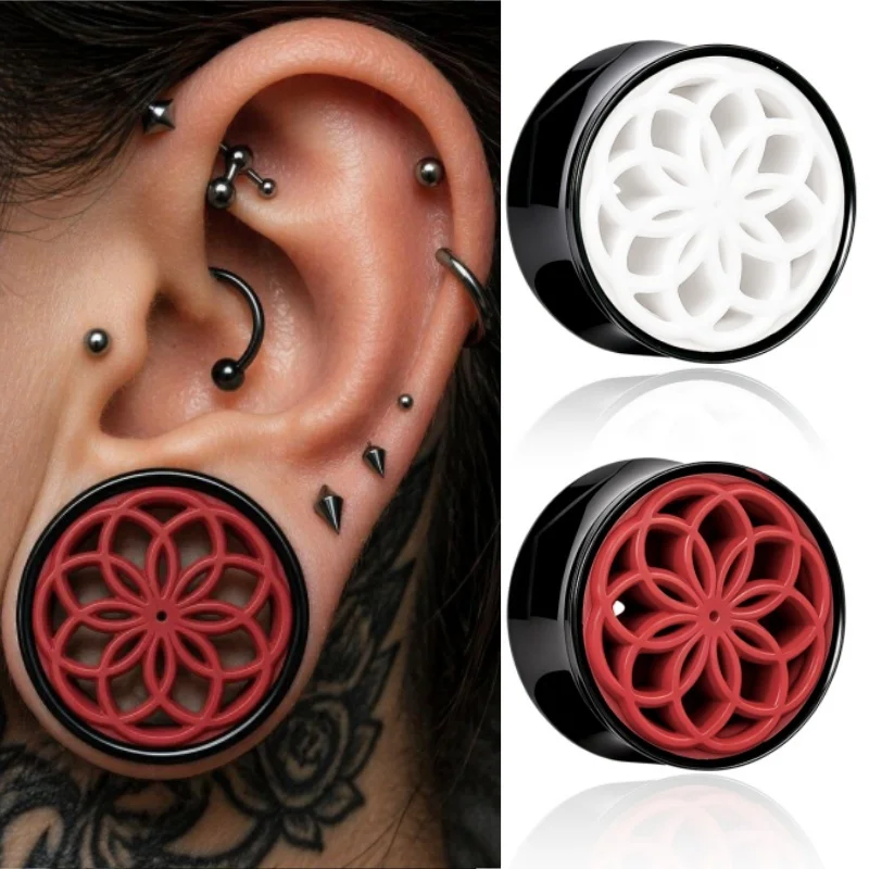Doearko 2pcs Hollow Mandala Floral Ear Tunnels Plugs 316L Stainless Steel Double Flare Ear Gauges Stretchers Ear Expander Body