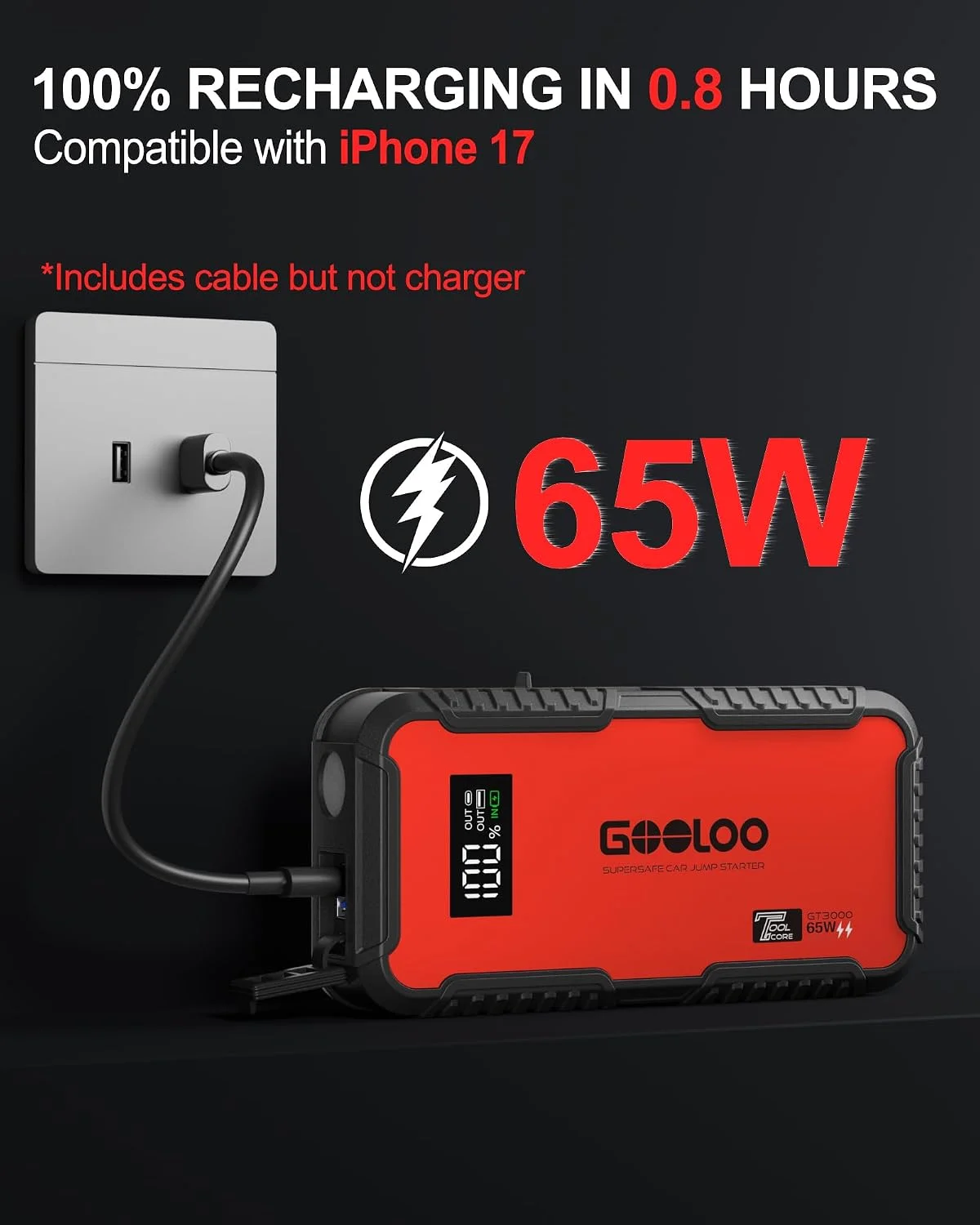 GOOLOO GT3000 & A5 Car Jump Starter,GT3000 65W Fast Charge Power Bank,A5 4000A with 160PSI Tire Inflator,45W Output 3 Light Modes SOS Strobe