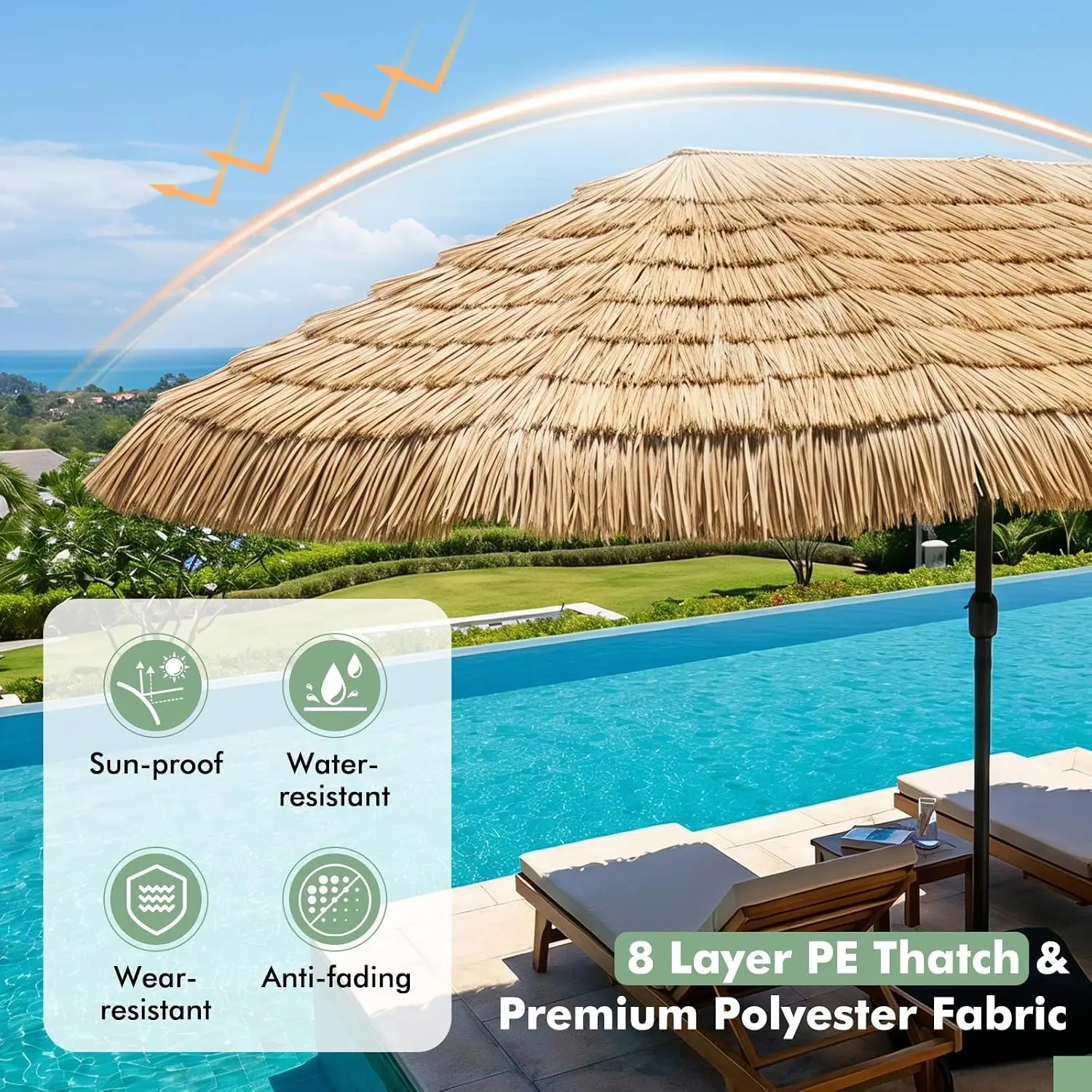 15 FT Tiki Patio Umbrella with Base Included | Hawaiian Style, PE Grass, Crank Handle, 12 Heavy-Duty Ribs, Customized